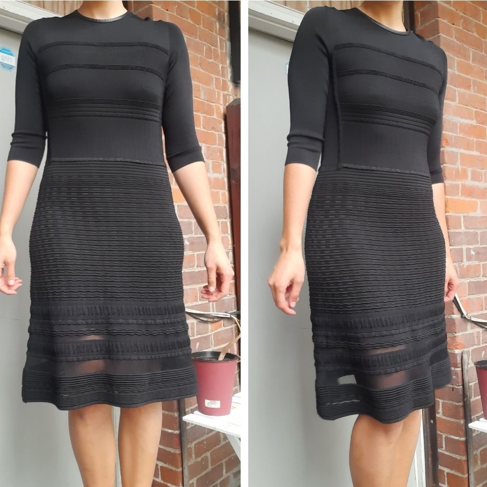 NWOT Elie Tahari sz L Knit Designer Black Sheath Midi Dress, Half Sleeve